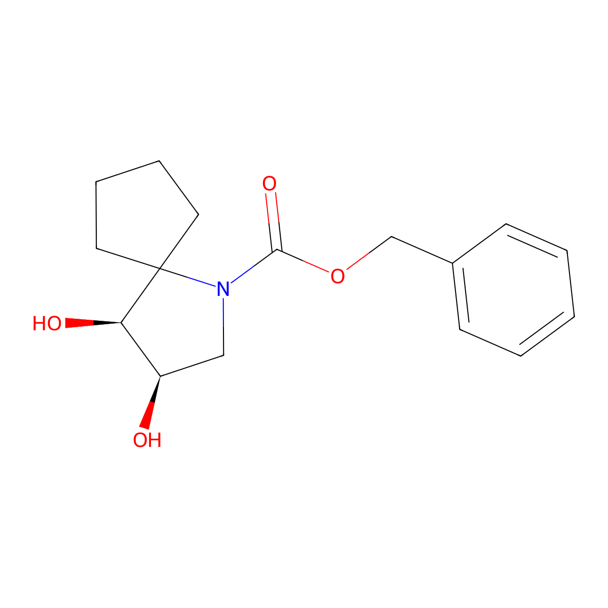 rac-benzyl (3R,4S)-3,4-dihydroxy-1-azaspiro[4.4]nonane-1-carboxylate molecular structure, CAS 2679837-94-4