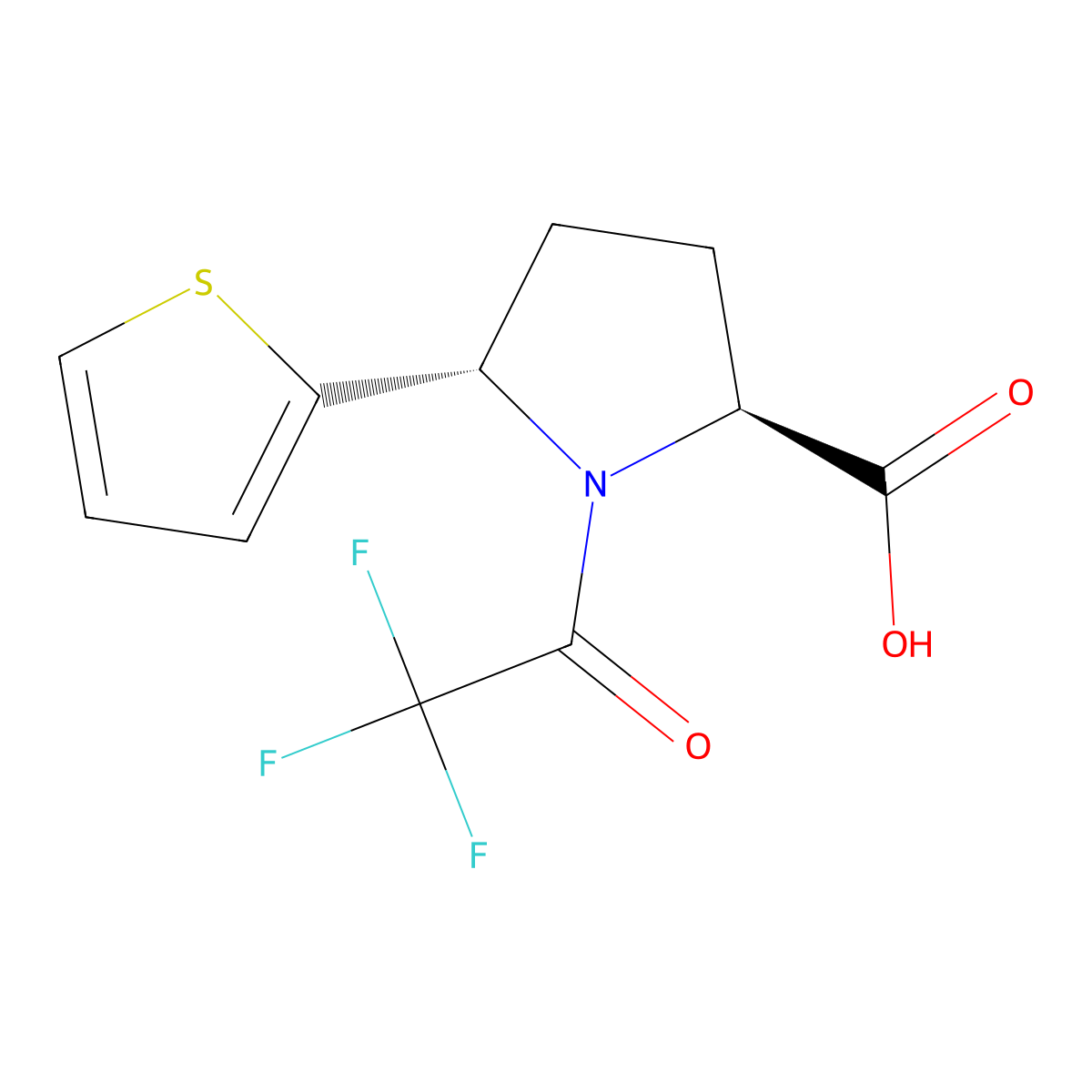 rac-(2R,5R)-5-(thiophen-2-yl)-1-(2,2,2-trifluoroacetyl)pyrrolidine-2-carboxylic acid molecular structure, CAS 2679858-46-7