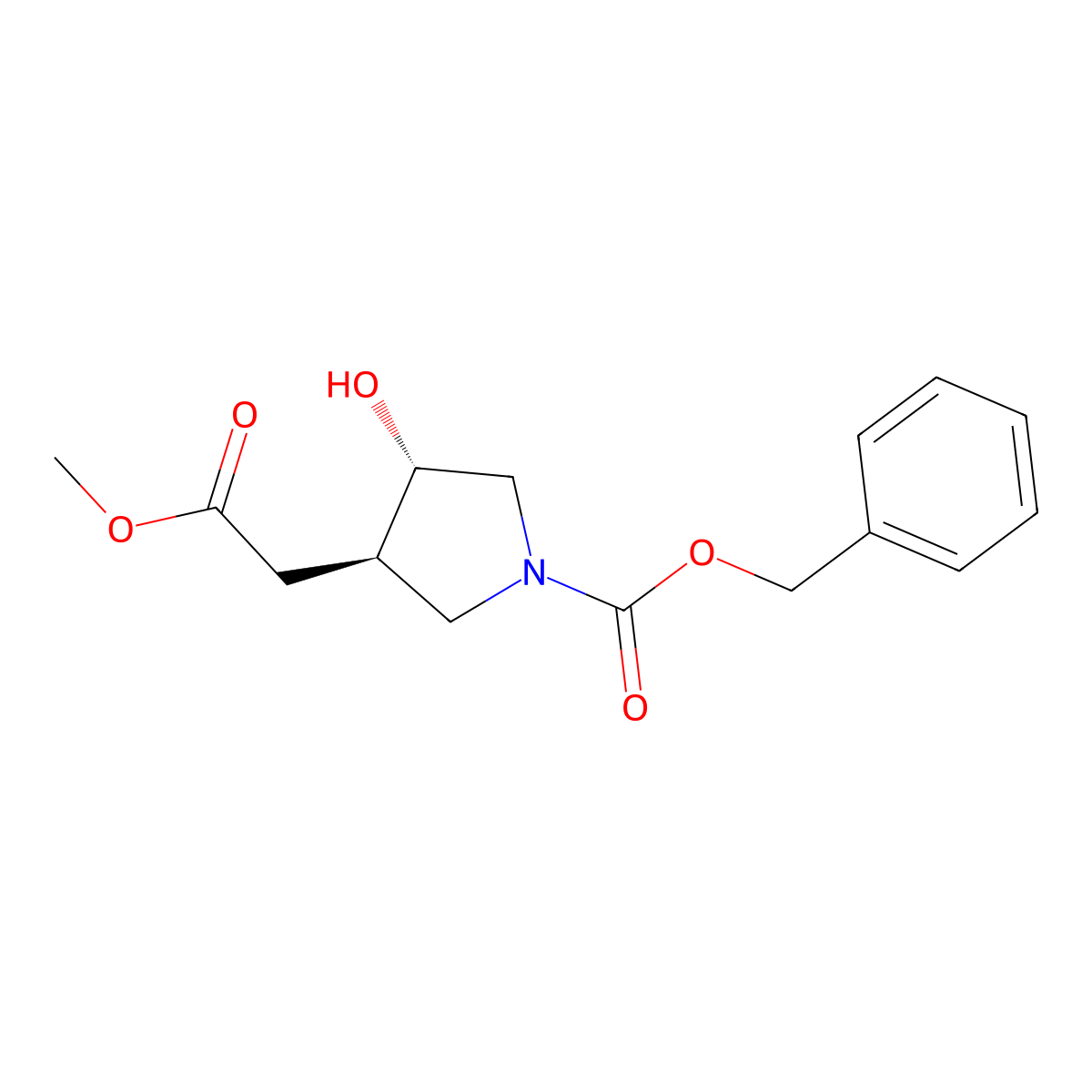 rac-benzyl (3R,4S)-3-hydroxy-4-(2-methoxy-2-oxoethyl)pyrrolidine-1-carboxylate molecular structure, CAS 2679860-28-5