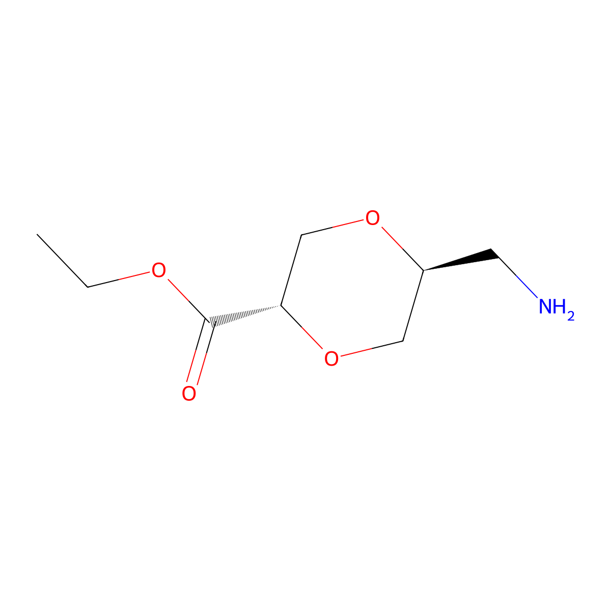rac-ethyl (2R,5R)-5-(aminomethyl)-1,4-dioxane-2-carboxylate molecular structure, CAS 2679927-08-1