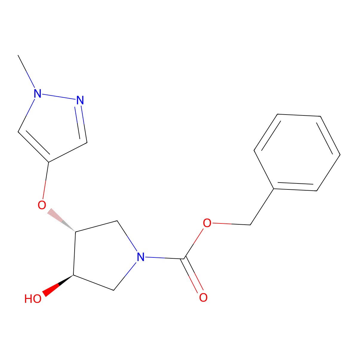 rac-benzyl (3R,4R)-3-hydroxy-4-[(1-methyl-1H-pyrazol-4-yl)oxy]pyrrolidine-1-carboxylate molecular structure, CAS 2679929-21-4