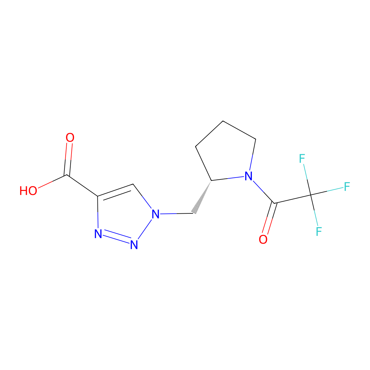 1-{[(2S)-1-(2,2,2-trifluoroacetyl)pyrrolidin-2-yl]methyl}-1H-1,2,3-triazole-4-carboxylic acid molecular structure, CAS 2679929-98-5