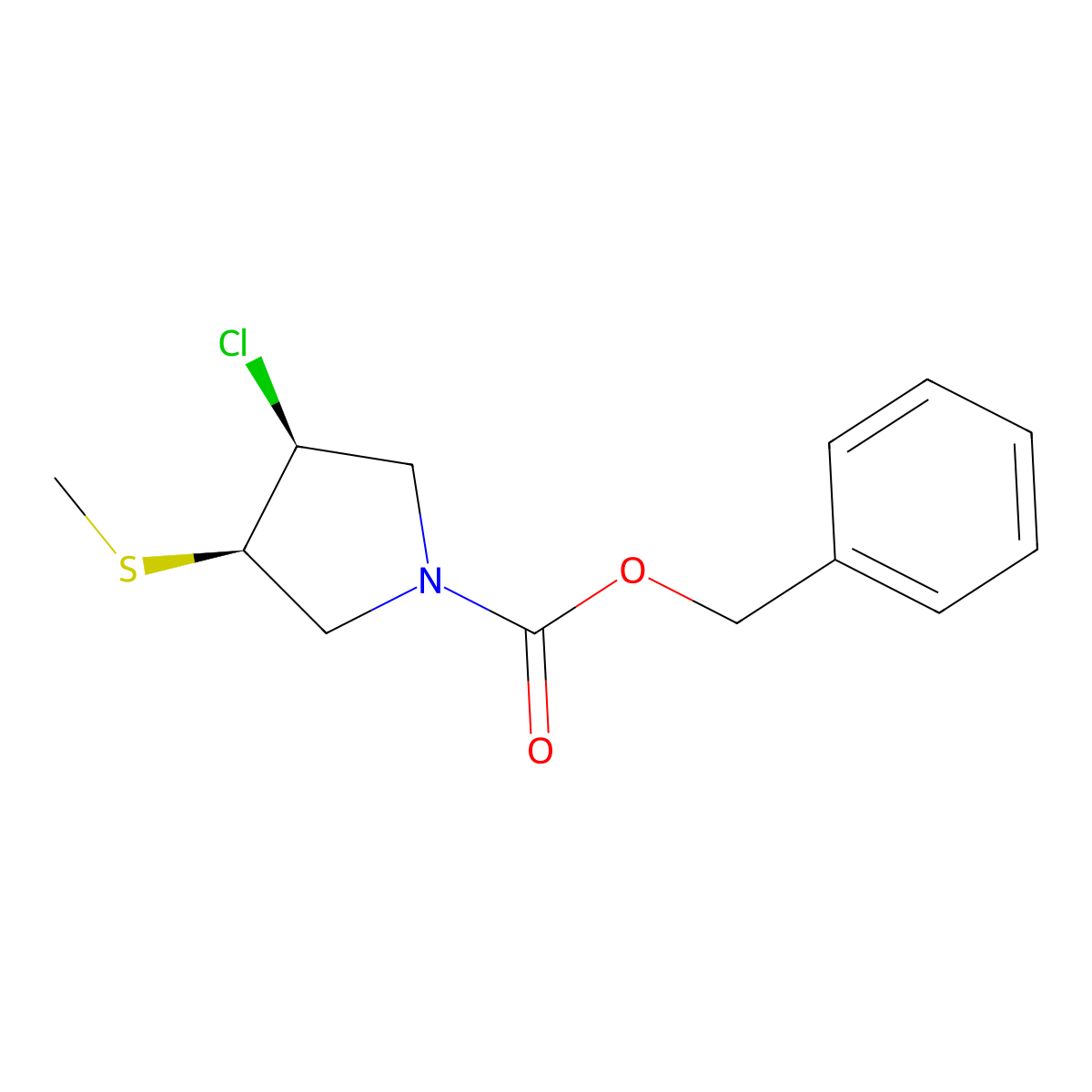 rac-benzyl (3R,4S)-3-chloro-4-(methylsulfanyl)pyrrolidine-1-carboxylate molecular structure, CAS 2679931-32-7