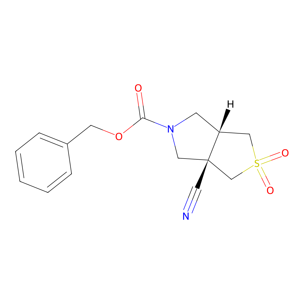 rac-benzyl (3aR,6aS)-3a-cyano-2,2-dioxo-hexahydro-1H-2lambda6-thieno[3,4-c]pyrrole-5-carboxylate molecular structure, CAS 2679932-69-3