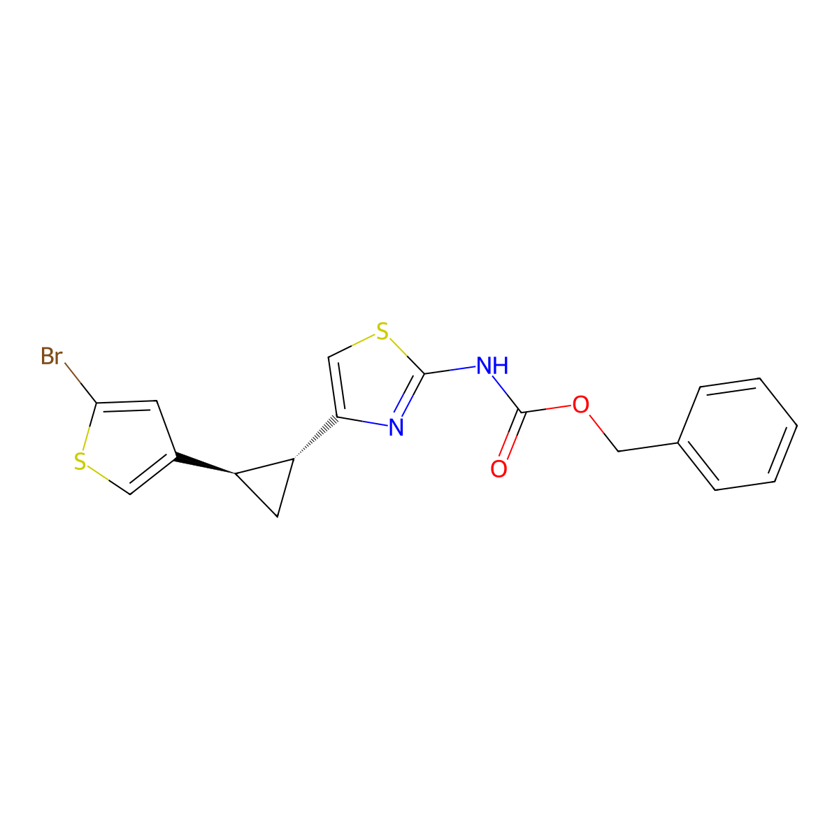 rac-benzyl N-{4-[(1R,2R)-2-(5-bromothiophen-3-yl)cyclopropyl]-1,3-thiazol-2-yl}carbamate molecular structure, CAS 2679936-81-1