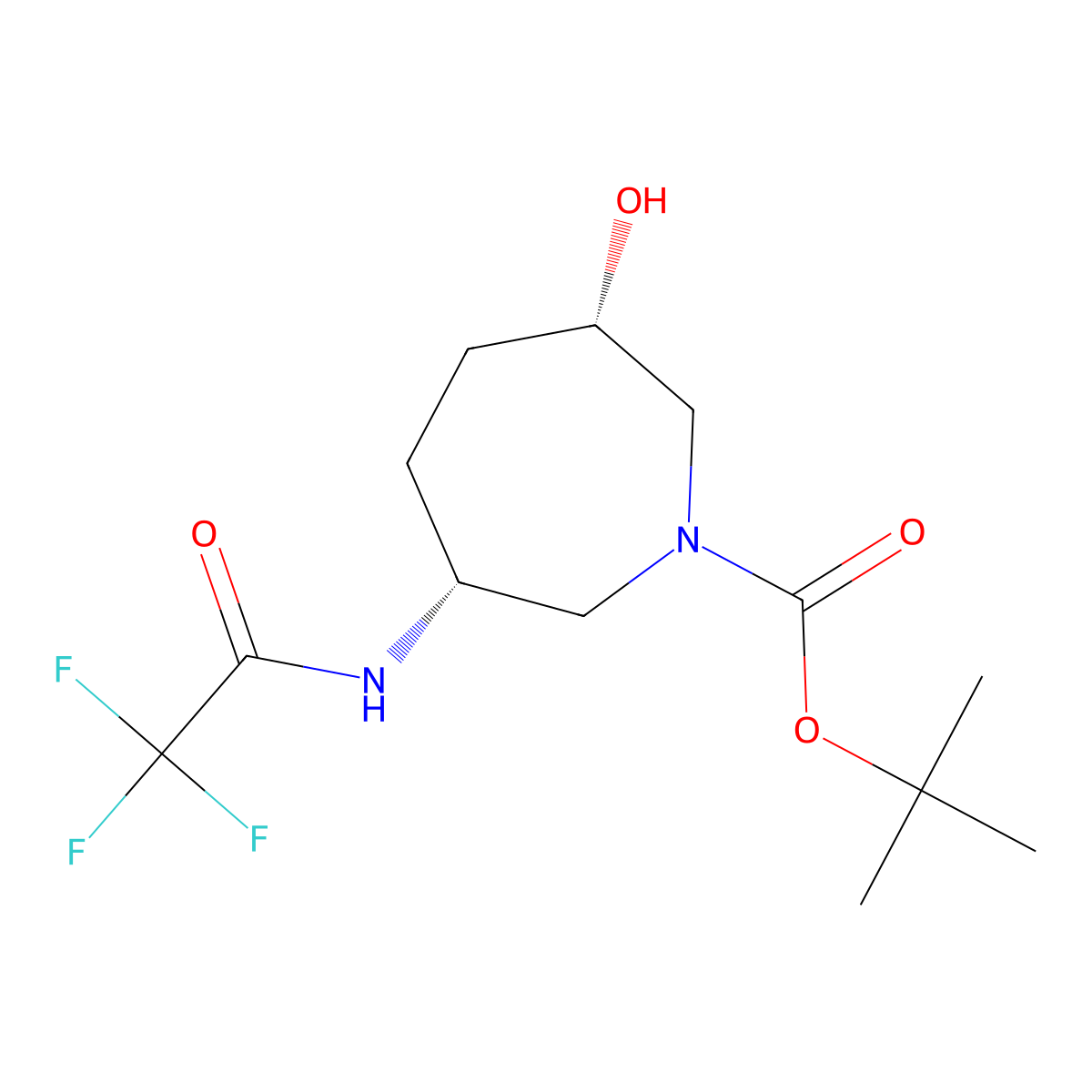 rac-tert-butyl (3R,6S)-3-hydroxy-6-(2,2,2-trifluoroacetamido)azepane-1-carboxylate molecular structure, CAS 2679941-95-6
