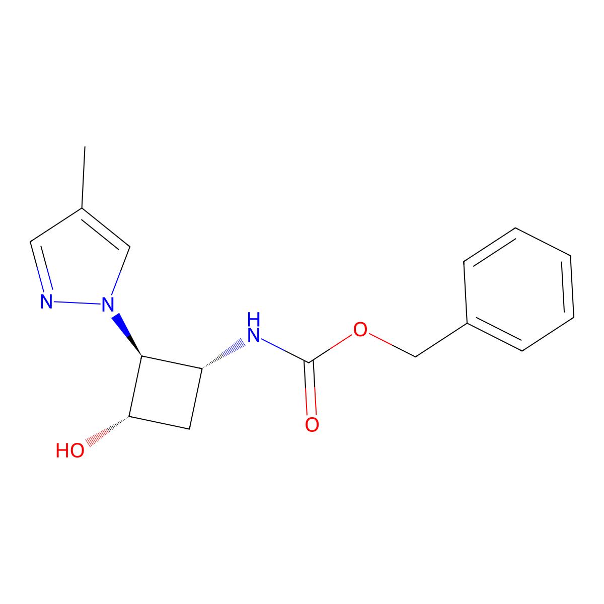 rac-benzyl N-[(1R,2S,3S)-3-hydroxy-2-(4-methyl-1H-pyrazol-1-yl)cyclobutyl]carbamate molecular structure, CAS 2679943-33-8