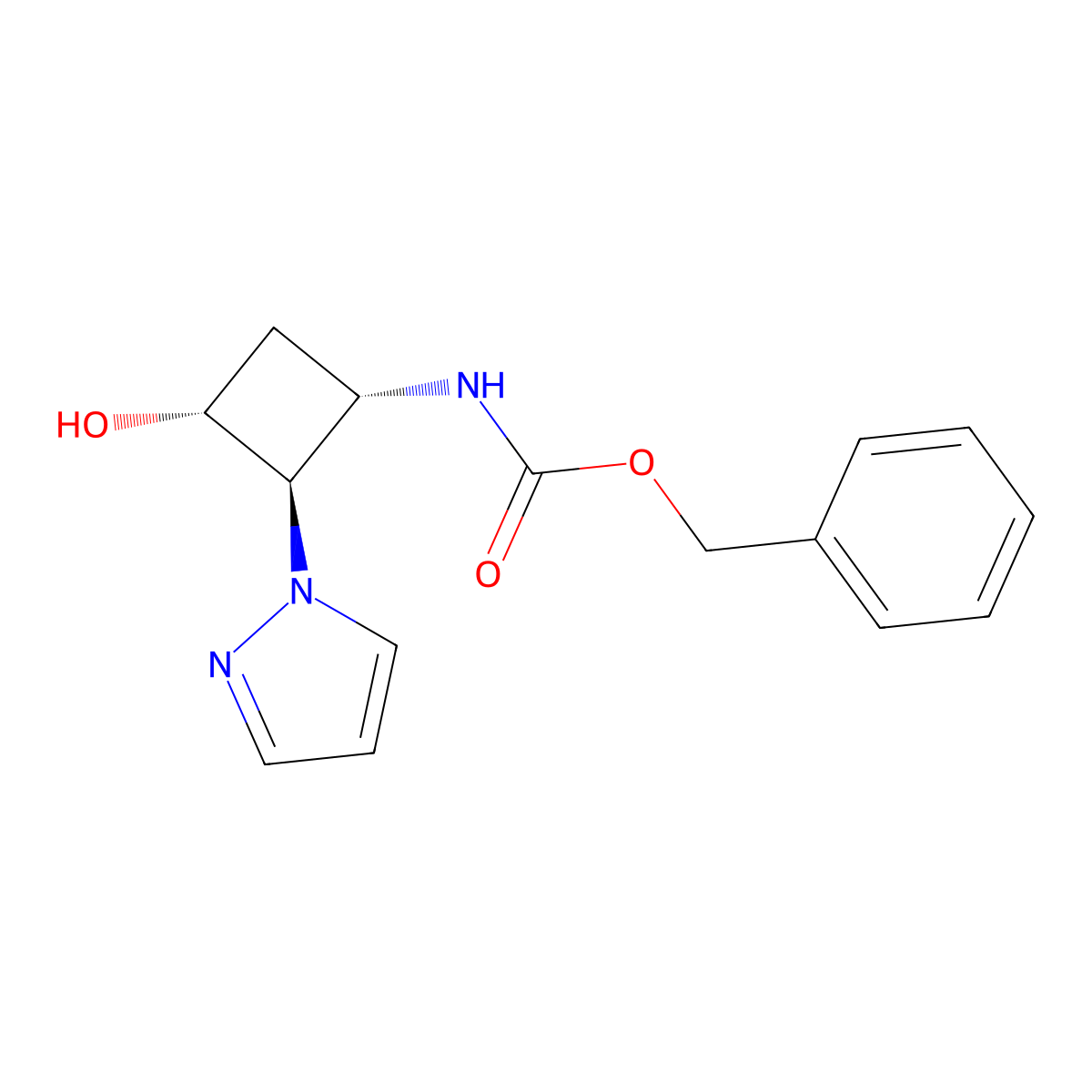 rac-benzyl N-[(1R,2S,3S)-3-hydroxy-2-(1H-pyrazol-1-yl)cyclobutyl]carbamate molecular structure, CAS 2679943-39-4