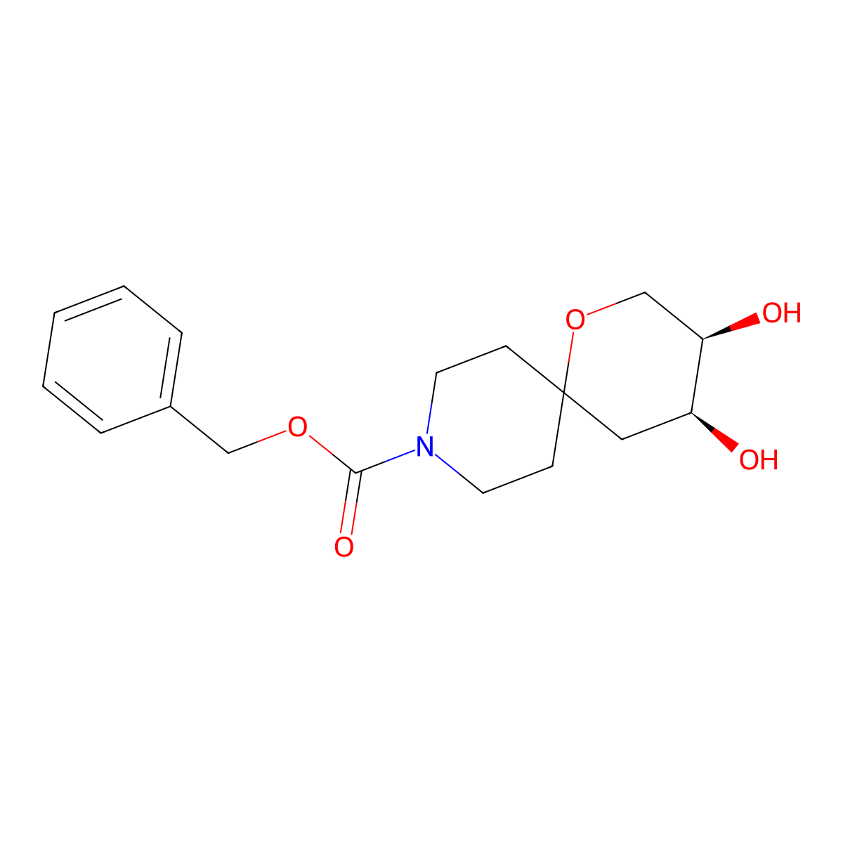 rac-benzyl (3R,4S)-3,4-dihydroxy-1-oxa-9-azaspiro[5.5]undecane-9-carboxylate molecular structure, CAS 2679948-74-2