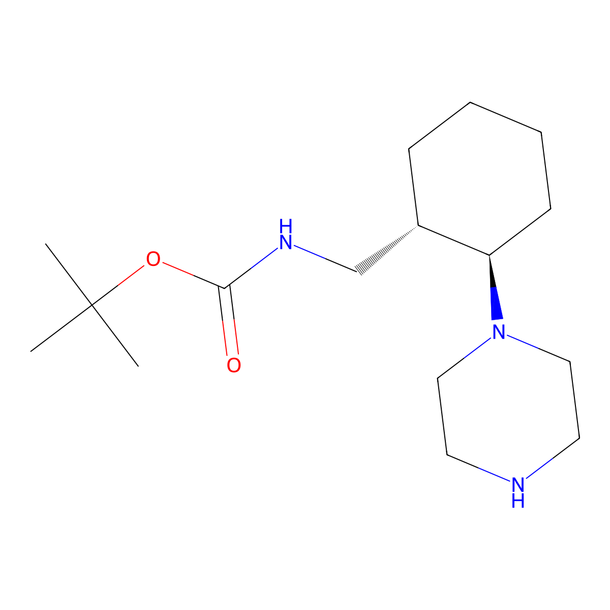 rac-tert-butyl N-{[(1R,2S)-2-(piperazin-1-yl)cyclohexyl]methyl}carbamate, trans molecular structure, CAS 2679950-08-2