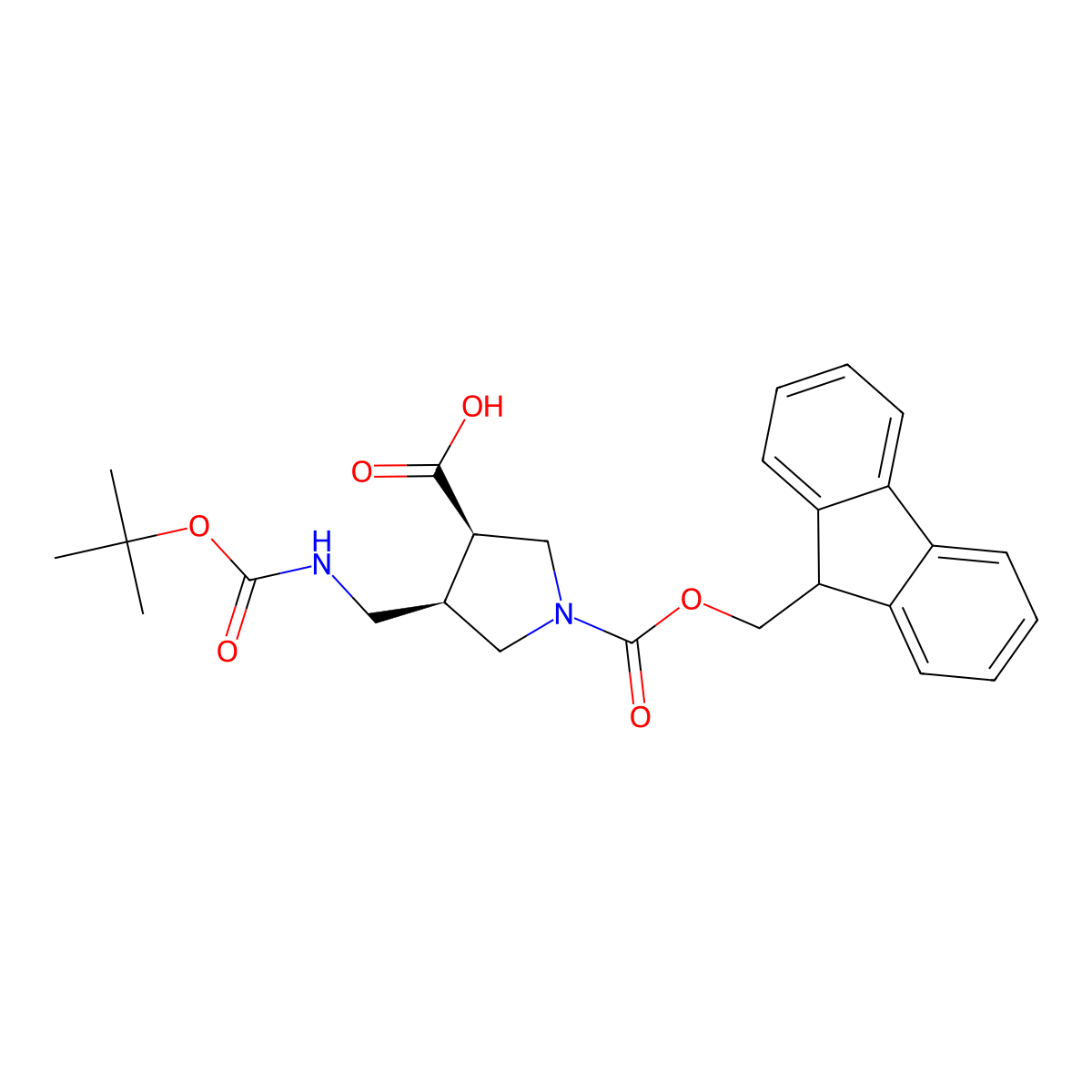 rac-(3R,4R)-4-({[(tert-butoxy)carbonyl]amino}methyl)-1-{[(9H-fluoren-9-yl)methoxy]carbonyl}pyrrolidine-3-carboxylic acid, cis molecular structure, CAS 2679950-58-2