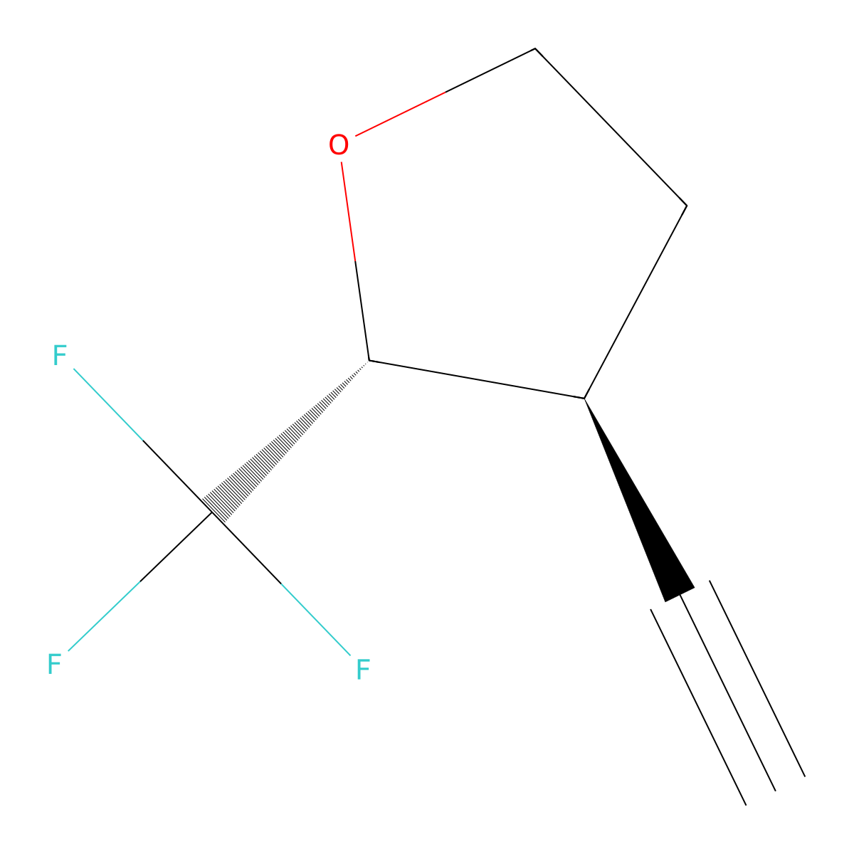 rac-(2R,3S)-3-ethynyl-2-(trifluoromethyl)oxolane, trans molecular structure, CAS 2679951-02-9