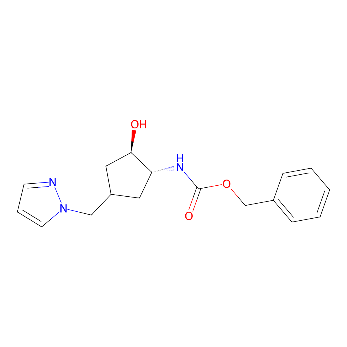 rac-benzyl N-[(1R,2R)-2-hydroxy-4-[(1H-pyrazol-1-yl)methyl]cyclopentyl]carbamate molecular structure, CAS 2680520-69-6