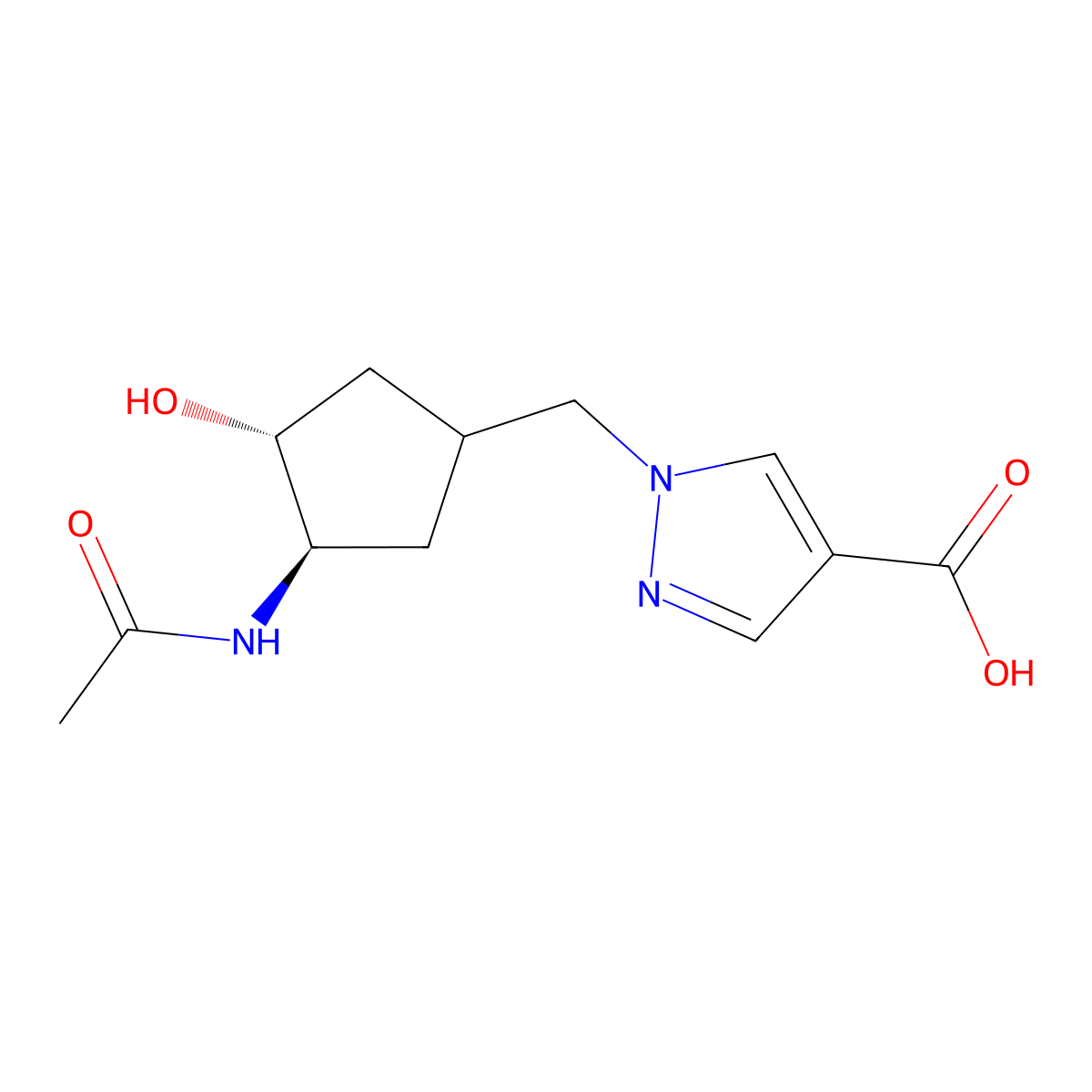 rac-1-{[(3R,4R)-3-acetamido-4-hydroxycyclopentyl]methyl}-1H-pyrazole-4-carboxylic acid molecular structure, CAS 2680521-49-5