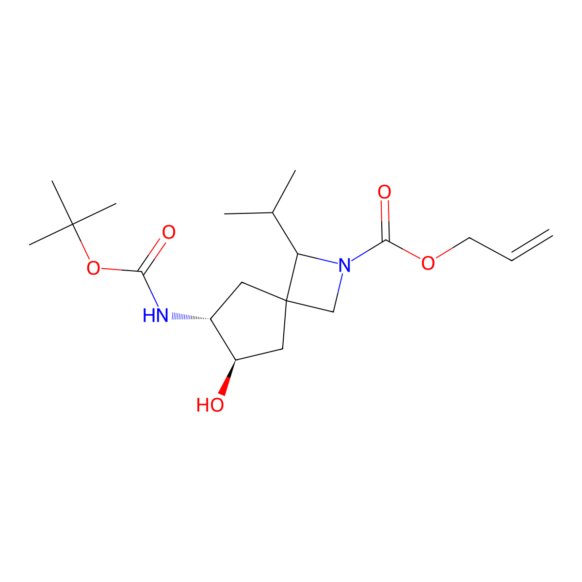 rac-prop-2-en-1-yl (6R,7R)-6-{[(tert-butoxy)carbonyl]amino}-7-hydroxy-1-(propan-2-yl)-2-azaspiro[3.4]octane-2-carboxylate molecular structure, CAS 2680521-60-0