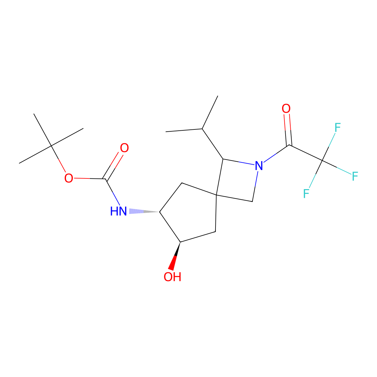 rac-tert-butyl N-[(6R,7R)-7-hydroxy-1-(propan-2-yl)-2-(2,2,2-trifluoroacetyl)-2-azaspiro[3.4]octan-6-yl]carbamate molecular structure, CAS 2680522-17-0