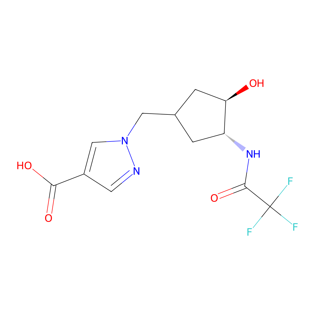 rac-1-{[(3R,4R)-3-hydroxy-4-(2,2,2-trifluoroacetamido)cyclopentyl]methyl}-1H-pyrazole-4-carboxylic acid molecular structure, CAS 2680522-51-2