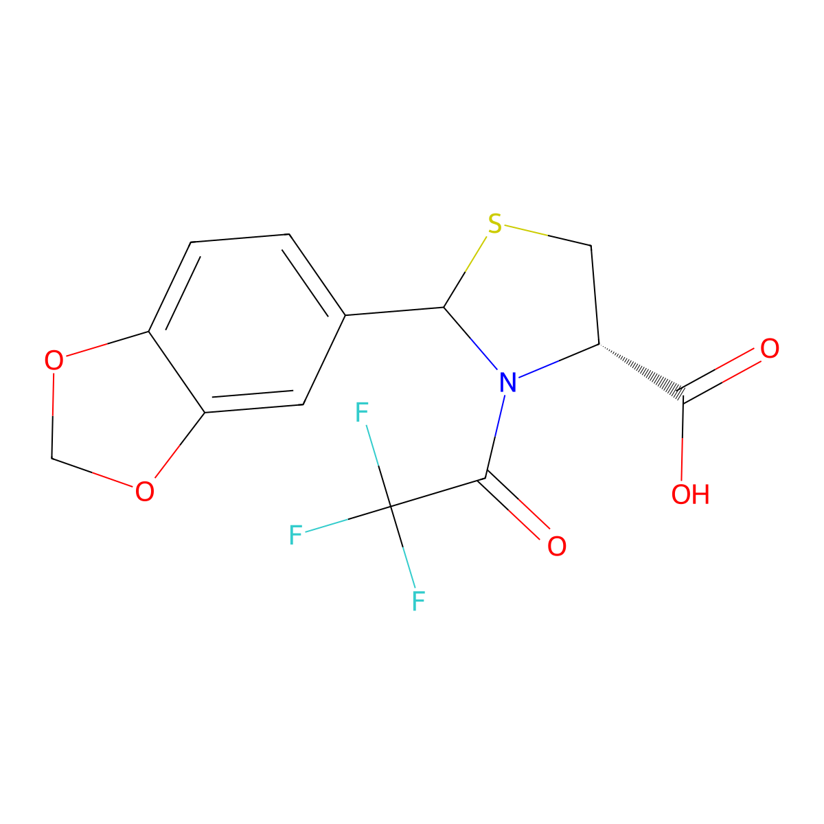 (4S)-2-(1,3-dioxaindan-5-yl)-3-(2,2,2-trifluoroacetyl)-1,3-thiazolidine-4-carboxylic acid molecular structure, CAS 2680522-84-1