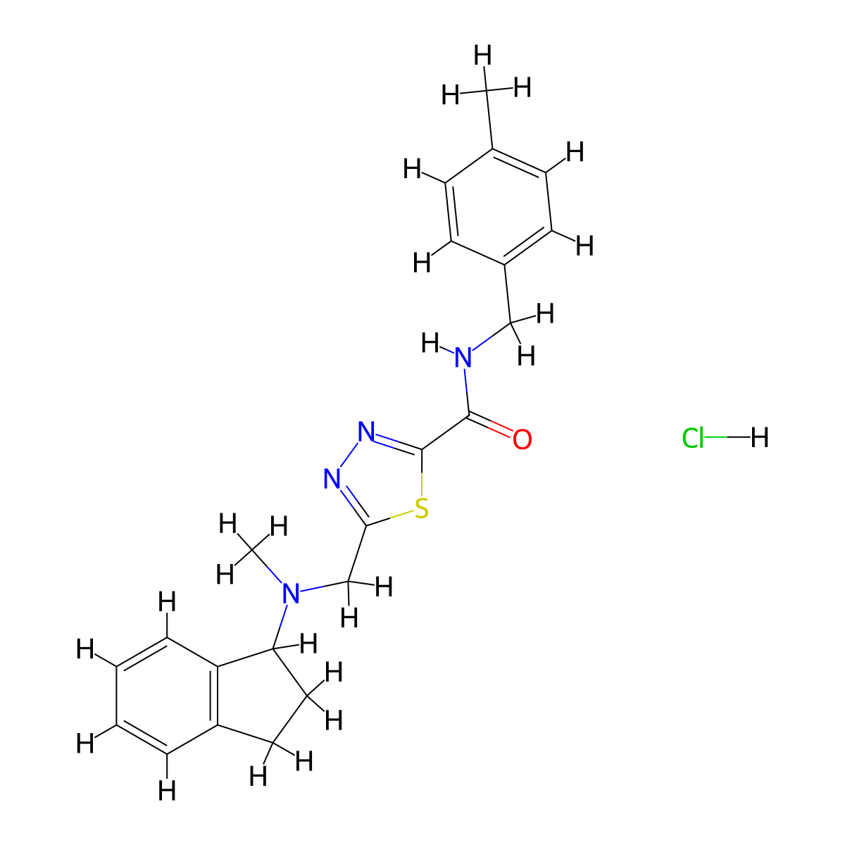 5-{[(2,3-dihydro-1H-inden-1-yl)(methyl)amino]methyl}-N-[(4-methylphenyl)methyl]-1,3,4-thiadiazole-2-carboxamide hydrochloride molecular structure, CAS 2680529-16-0