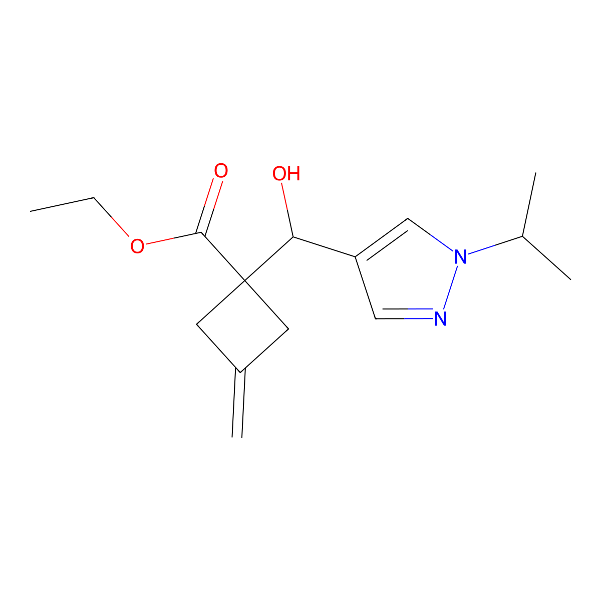 ethyl 1-{hydroxy[1-(propan-2-yl)-1H-pyrazol-4-yl]methyl}-3-methylidenecyclobutane-1-carboxylate molecular structure, CAS 2680530-68-9