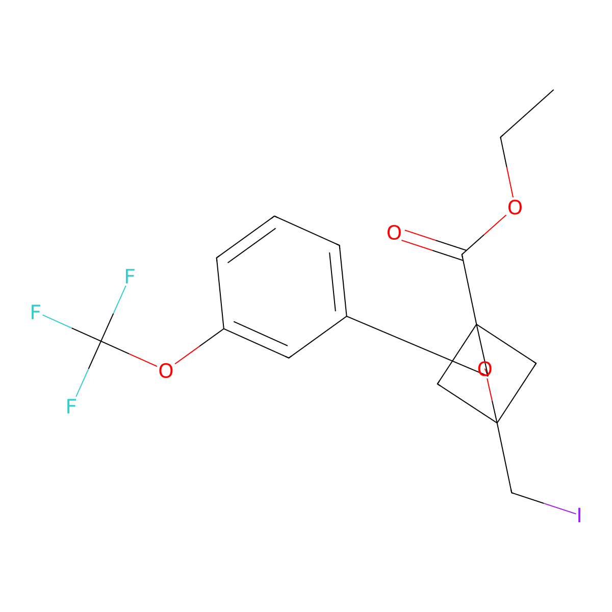 Ethyl 1-(iodomethyl)-3-[3-(trifluoromethoxy)phenyl]-2-oxabicyclo[2.1.1]hexane-4-carboxylate molecular structure, CAS 2680530-97-4