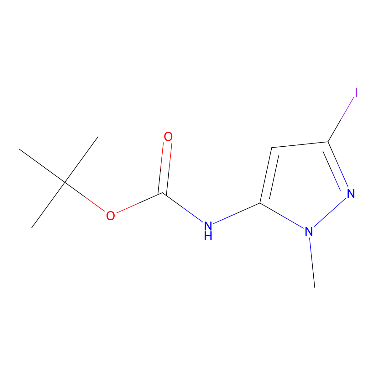 tert-butyl N-(3-iodo-1-methyl-1H-pyrazol-5-yl)carbamate molecular structure, CAS 2680534-37-4