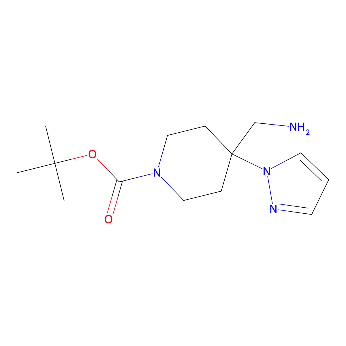 tert-butyl 4-(aminomethyl)-4-(1H-pyrazol-1-yl)piperidine-1-carboxylate molecular structure, CAS 2680536-03-0