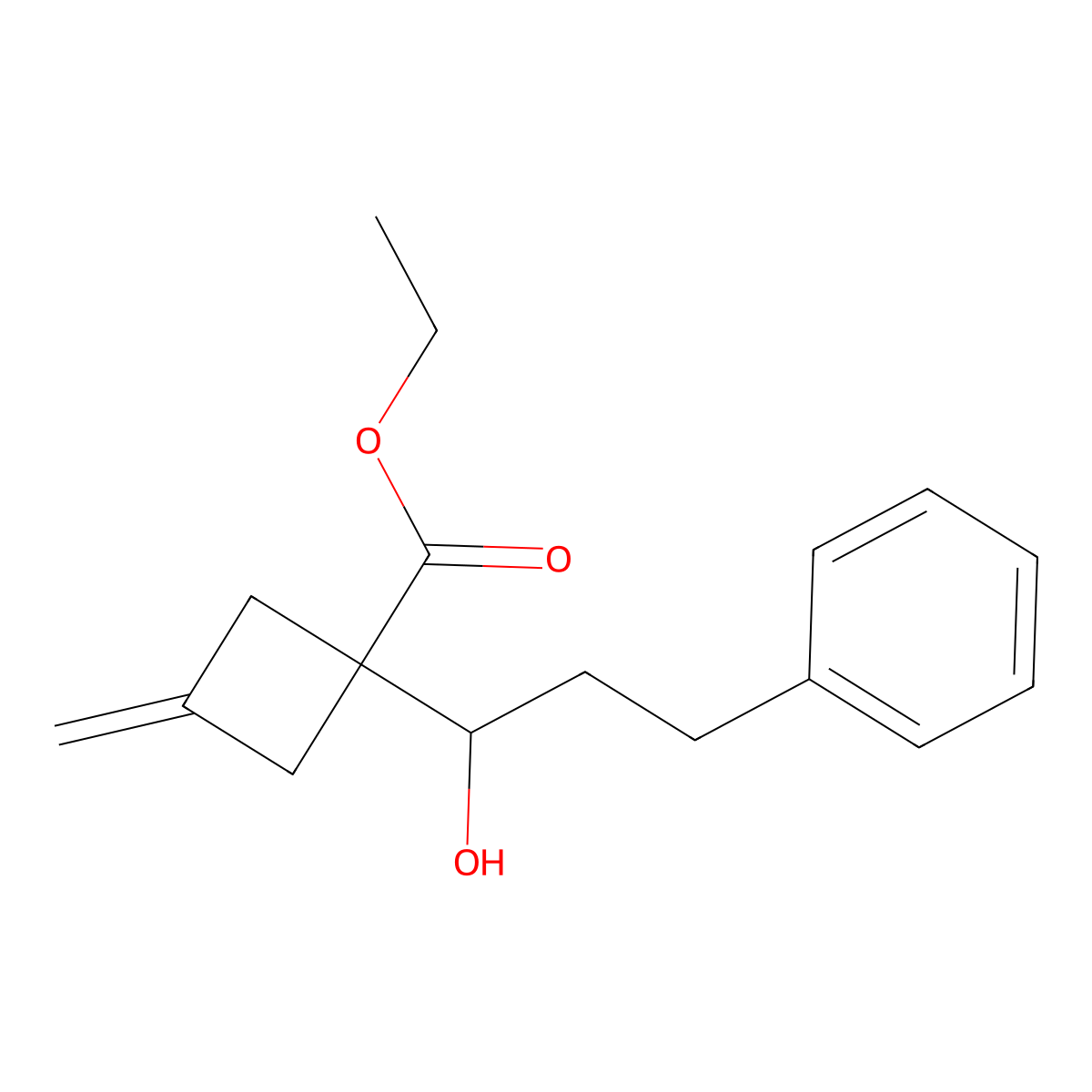 Ethyl 1-(1-hydroxy-3-phenylpropyl)-3-methylidenecyclobutane-1-carboxylate molecular structure, CAS 2680536-13-2