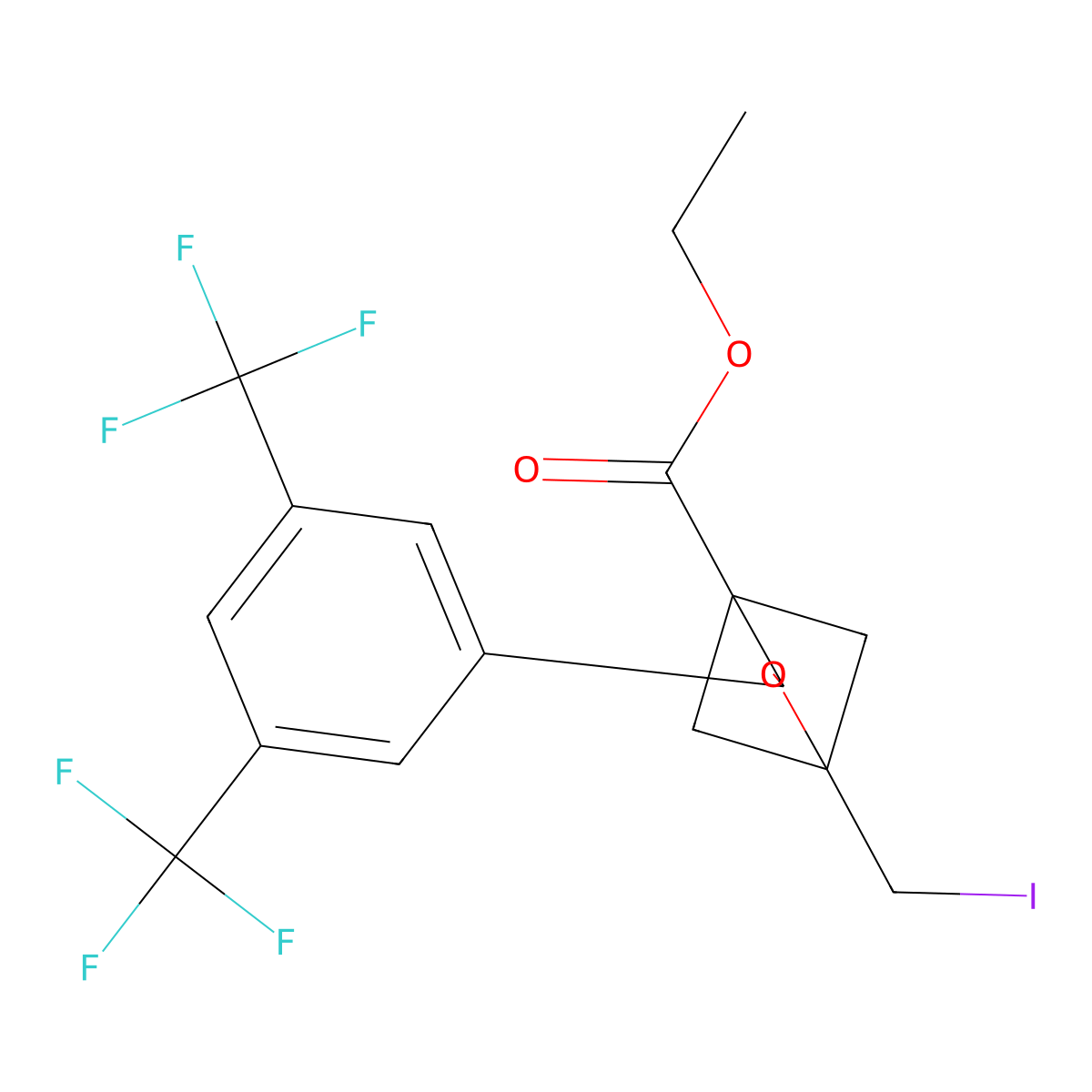 Ethyl 3-[3,5-bis(trifluoromethyl)phenyl]-1-(iodomethyl)-2-oxabicyclo[2.1.1]hexane-4-carboxylate molecular structure, CAS 2680543-29-5
