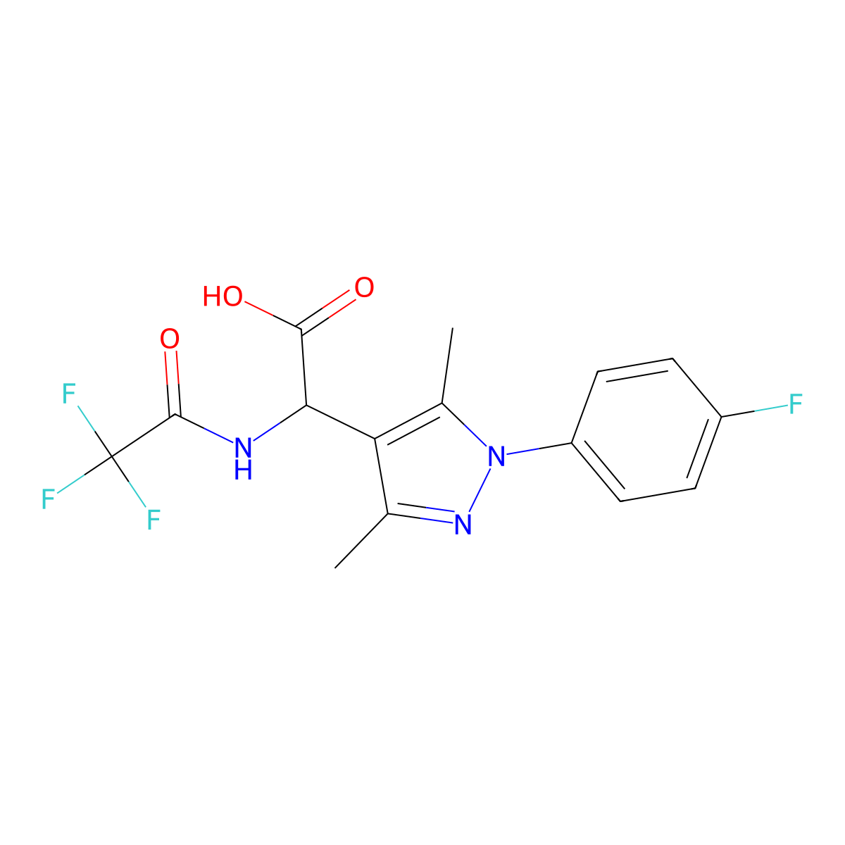 2-[1-(4-fluorophenyl)-3,5-dimethyl-1H-pyrazol-4-yl]-2-(2,2,2-trifluoroacetamido)acetic acid molecular structure, CAS 2680546-60-3