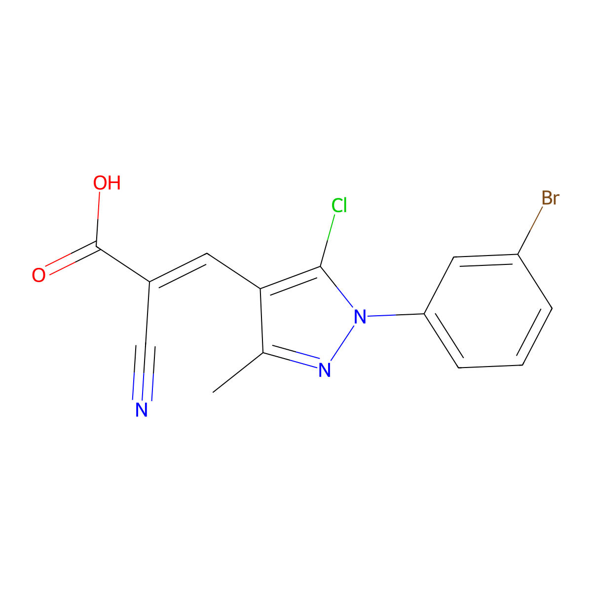 (2E)-3-[1-(3-bromophenyl)-5-chloro-3-methyl-1H-pyrazol-4-yl]-2-cyanoprop-2-enoic acid molecular structure, CAS 2680546-98-7