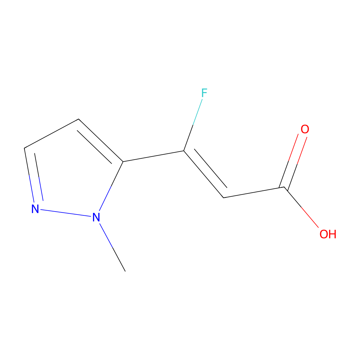 (2Z)-3-fluoro-3-(1-methyl-1H-pyrazol-5-yl)prop-2-enoic acid molecular structure, CAS 2680547-00-4