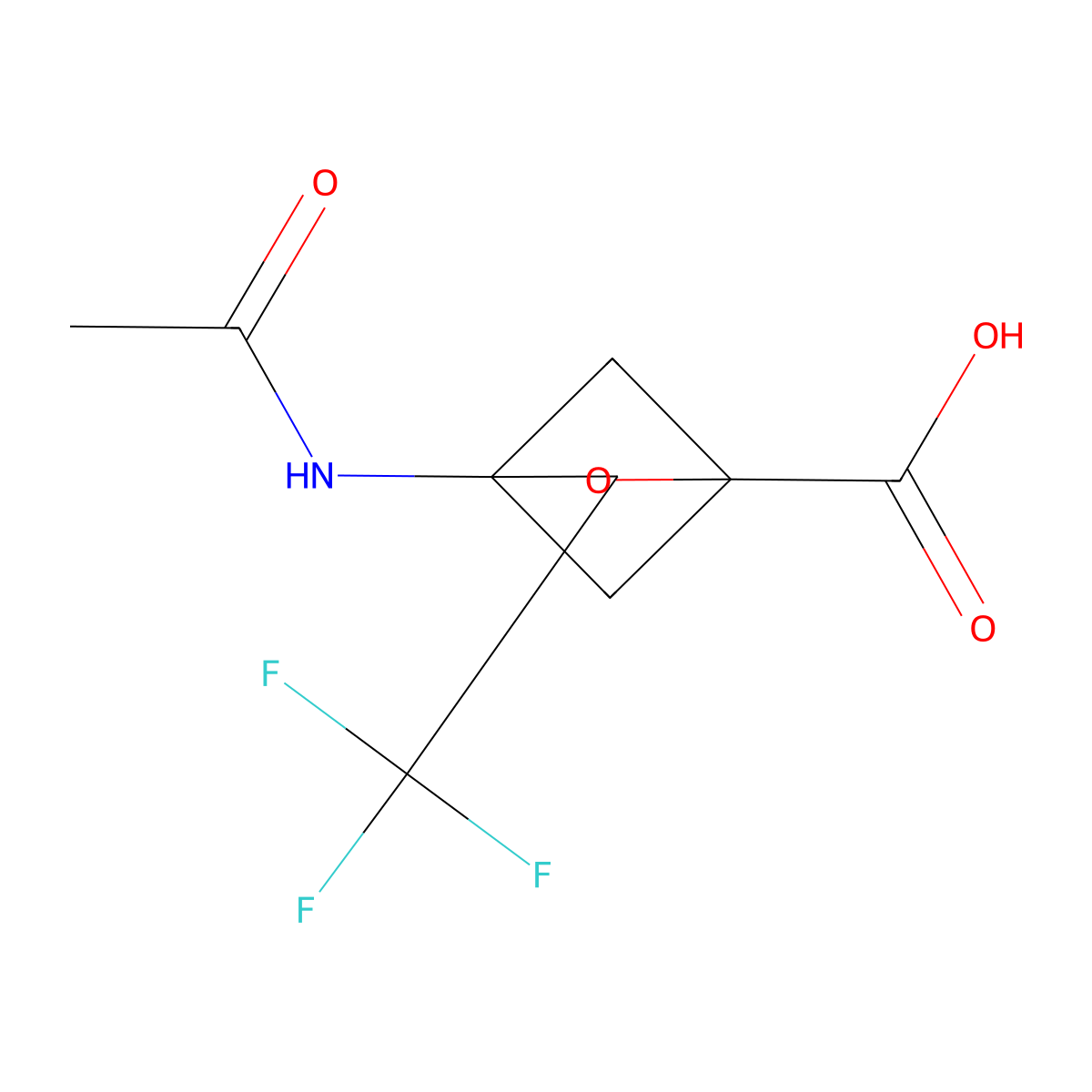 4-Acetamido-3-(trifluoromethyl)-2-oxabicyclo[2.1.1]hexane-1-carboxylic acid molecular structure, CAS 2680549-23-7