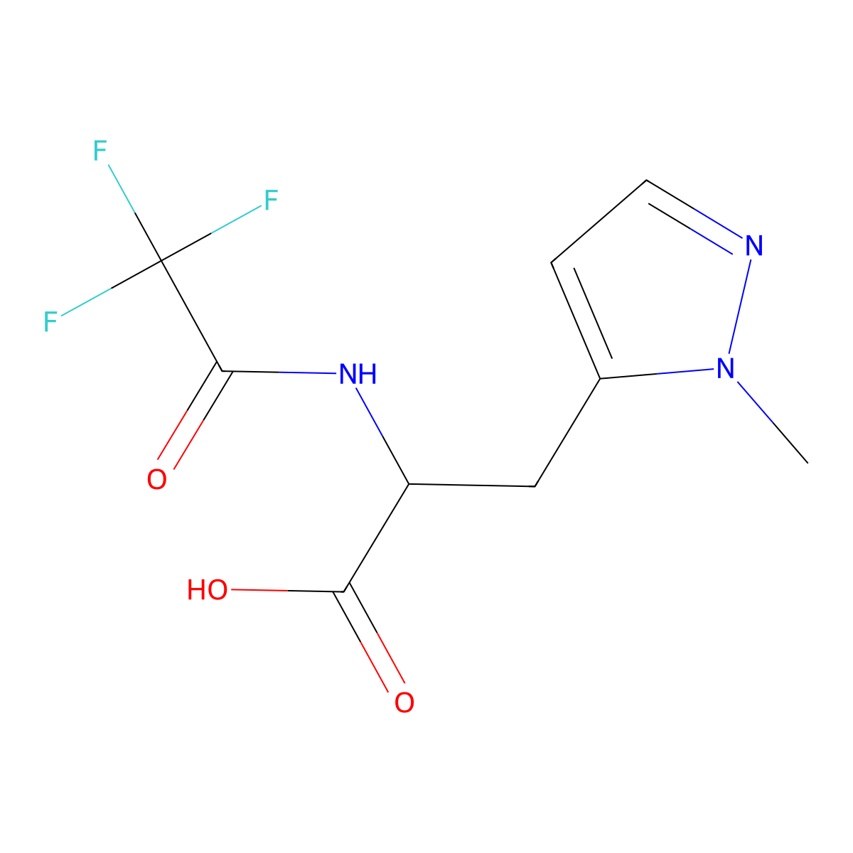 3-(1-methyl-1H-pyrazol-5-yl)-2-(2,2,2-trifluoroacetamido)propanoic acid molecular structure, CAS 2680550-18-7