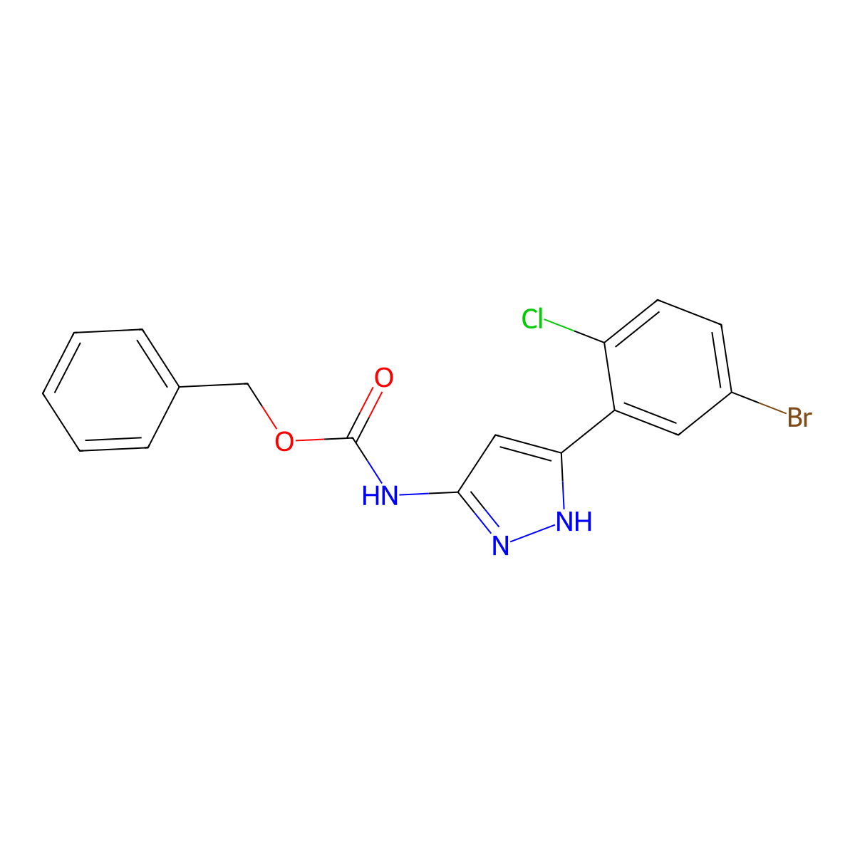 benzyl N-[5-(5-bromo-2-chlorophenyl)-1H-pyrazol-3-yl]carbamate molecular structure, CAS 2680550-37-0