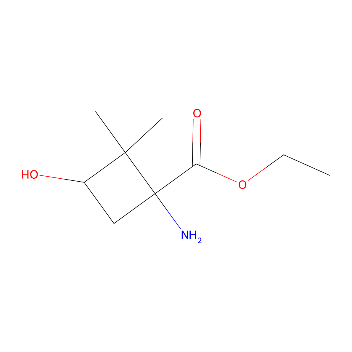 Ethyl 1-amino-3-hydroxy-2,2-dimethylcyclobutane-1-carboxylate molecular structure, CAS 2680553-89-1