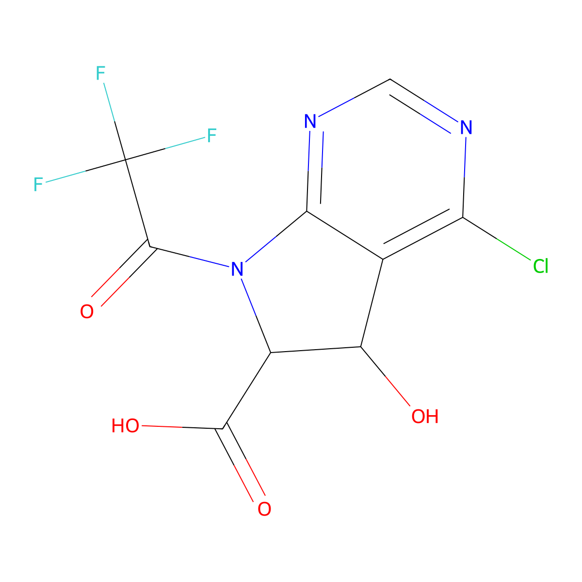 4-chloro-5-hydroxy-7-(2,2,2-trifluoroacetyl)-5H,6H,7H-pyrrolo[2,3-d]pyrimidine-6-carboxylic acid molecular structure, CAS 2680554-07-6