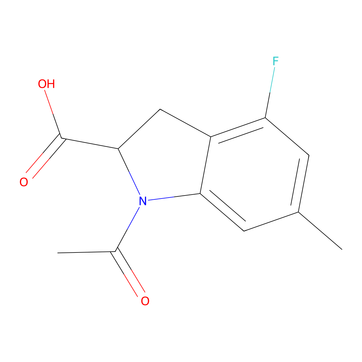 1-acetyl-4-fluoro-6-methyl-2,3-dihydro-1H-indole-2-carboxylic acid molecular structure, CAS 2680561-21-9