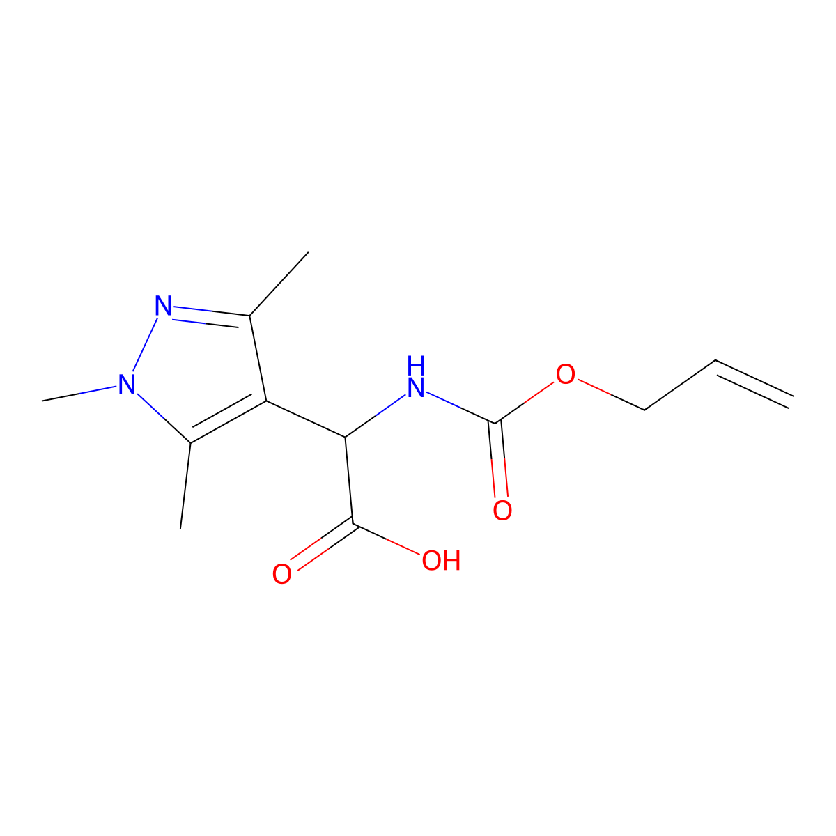 2-{[(prop-2-en-1-yloxy)carbonyl]amino}-2-(trimethyl-1H-pyrazol-4-yl)acetic acid molecular structure, CAS 2680561-94-6