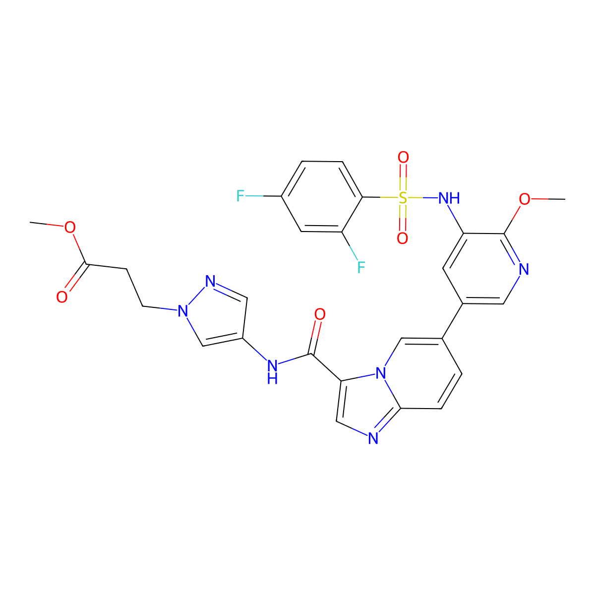 Methyl 3-(4-(6-(5-((2,4-difluorophenyl)sulfonamido)-6-methoxypyridin-3-yl)imidazo[1,2-a]pyridine-3-carboxamido)-1H-pyrazol-1-yl)propanoate molecular structure, CAS 2680562-24-5
