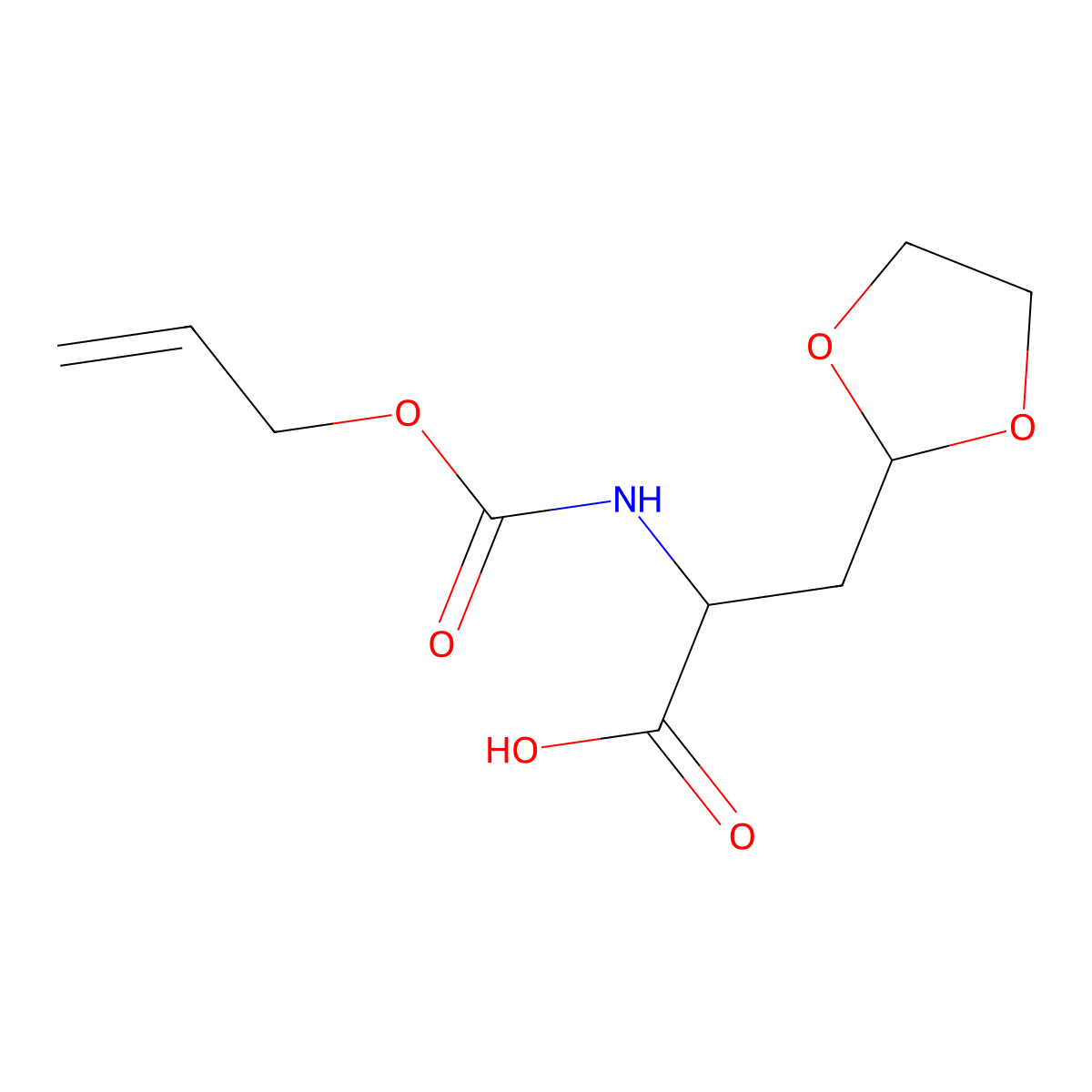 3-(1,3-Dioxolan-2-yl)-2-{[(prop-2-en-1-yloxy)carbonyl]amino}propanoic acid molecular structure, CAS 2680573-13-9