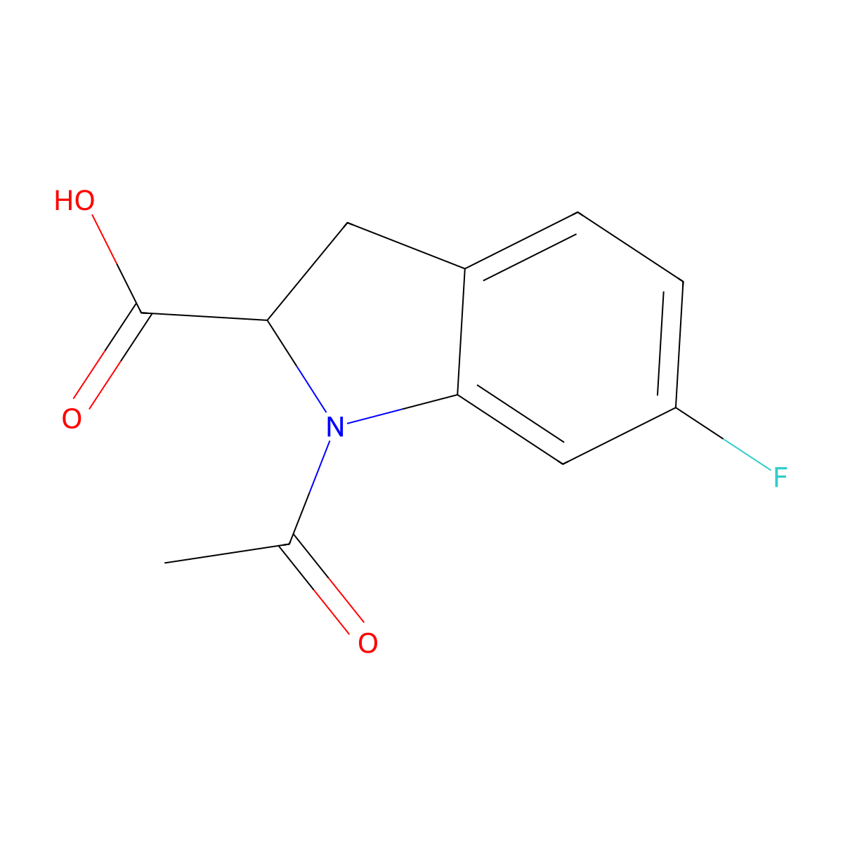 1-acetyl-6-fluoro-2,3-dihydro-1H-indole-2-carboxylic acid molecular structure, CAS 2680573-18-4