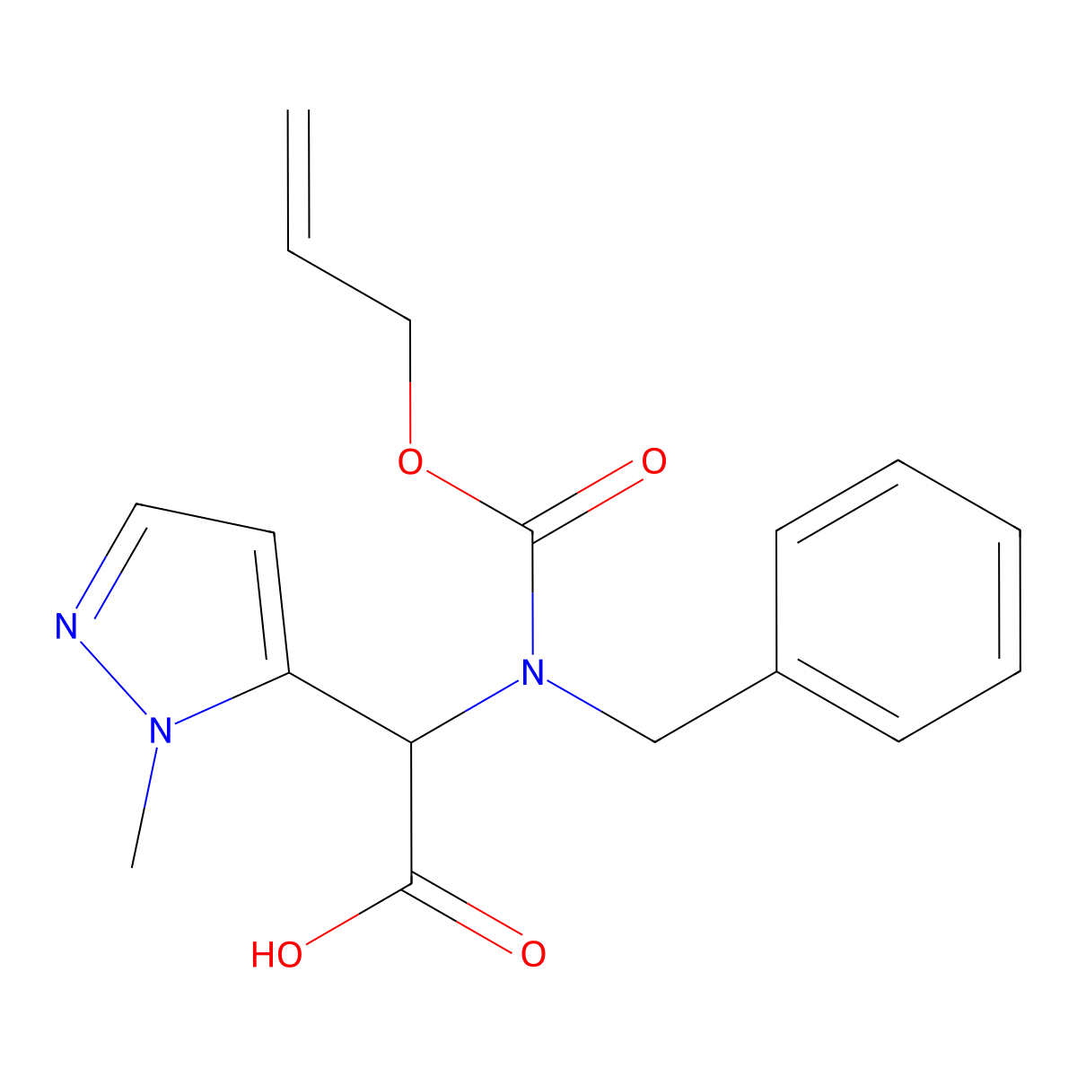 2-{benzyl[(prop-2-en-1-yloxy)carbonyl]amino}-2-(1-methyl-1H-pyrazol-5-yl)acetic acid molecular structure, CAS 2680598-69-8