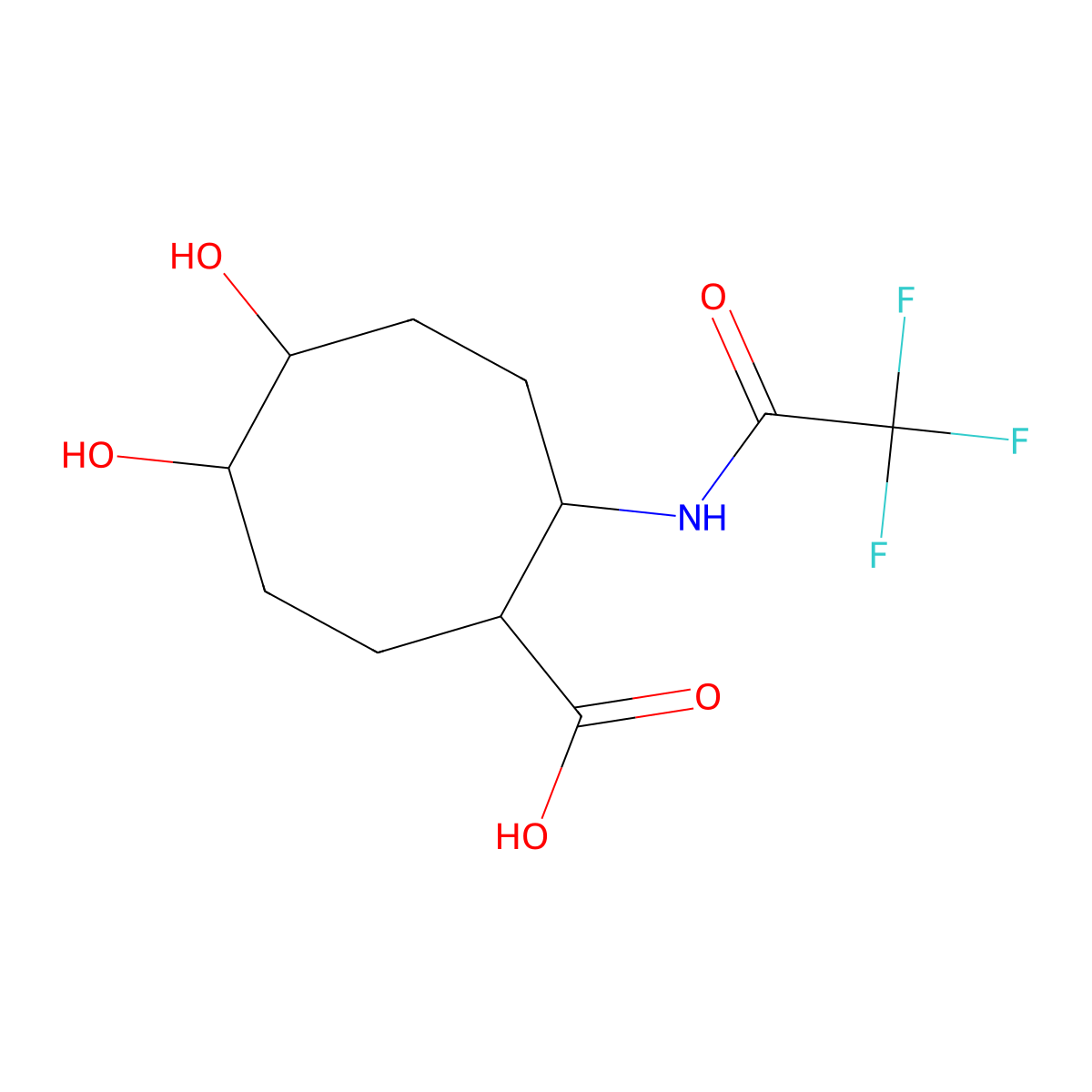 5,6-Dihydroxy-2-(2,2,2-trifluoroacetamido)cyclooctane-1-carboxylic acid molecular structure, CAS 2680599-30-6
