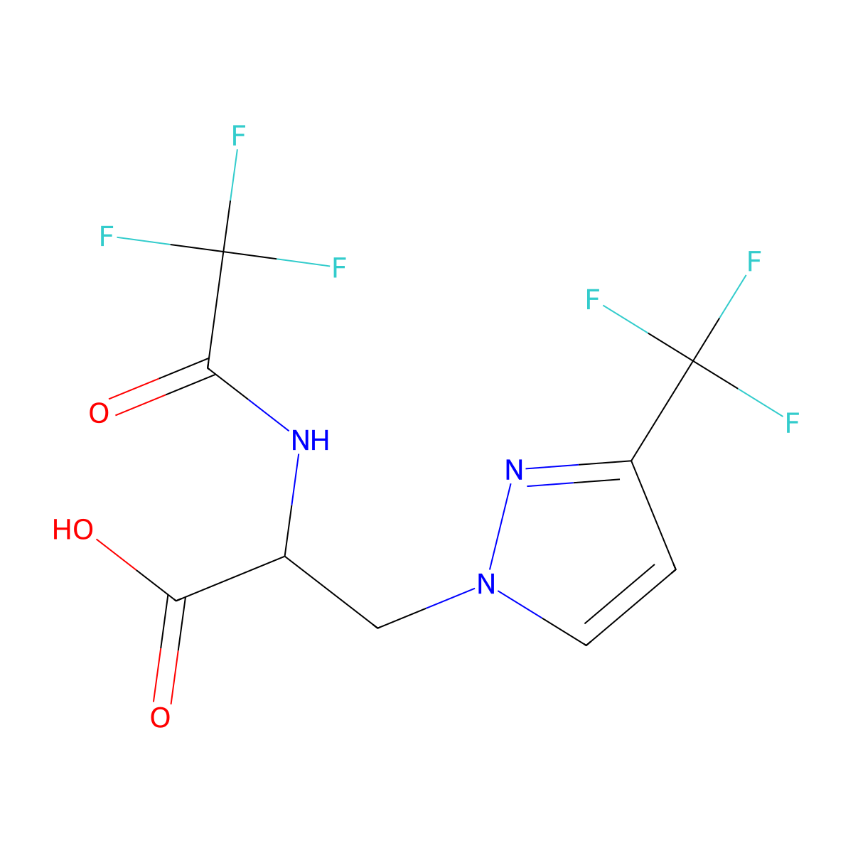 2-(2,2,2-trifluoroacetamido)-3-[3-(trifluoromethyl)-1H-pyrazol-1-yl]propanoic acid molecular structure, CAS 2680599-99-7