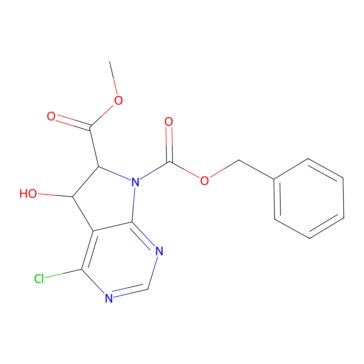 7-benzyl 6-methyl 4-chloro-5-hydroxy-5H,6H,7H-pyrrolo[2,3-d]pyrimidine-6,7-dicarboxylate molecular structure, CAS 2680606-82-8