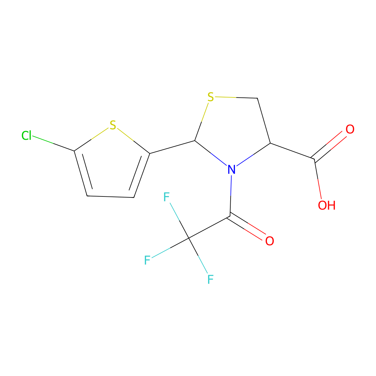 2-(5-Chlorothiophen-2-yl)-3-(2,2,2-trifluoroacetyl)-1,3-thiazolidine-4-carboxylic acid molecular structure, CAS 2680612-22-8