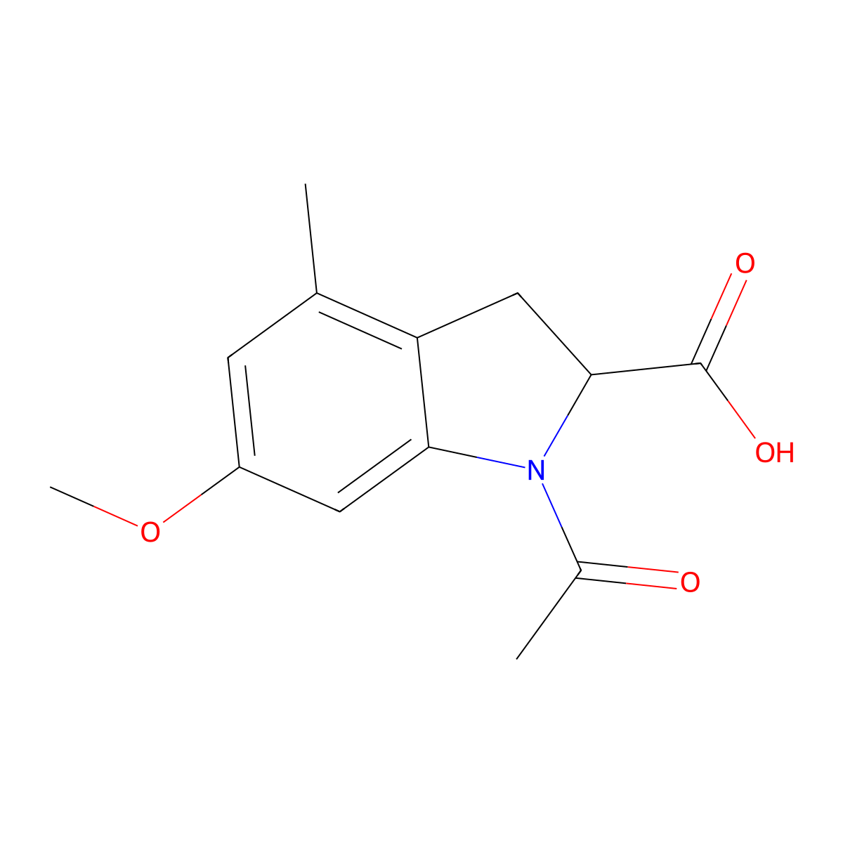 1-acetyl-6-methoxy-4-methyl-2,3-dihydro-1H-indole-2-carboxylic acid molecular structure, CAS 2680612-34-2