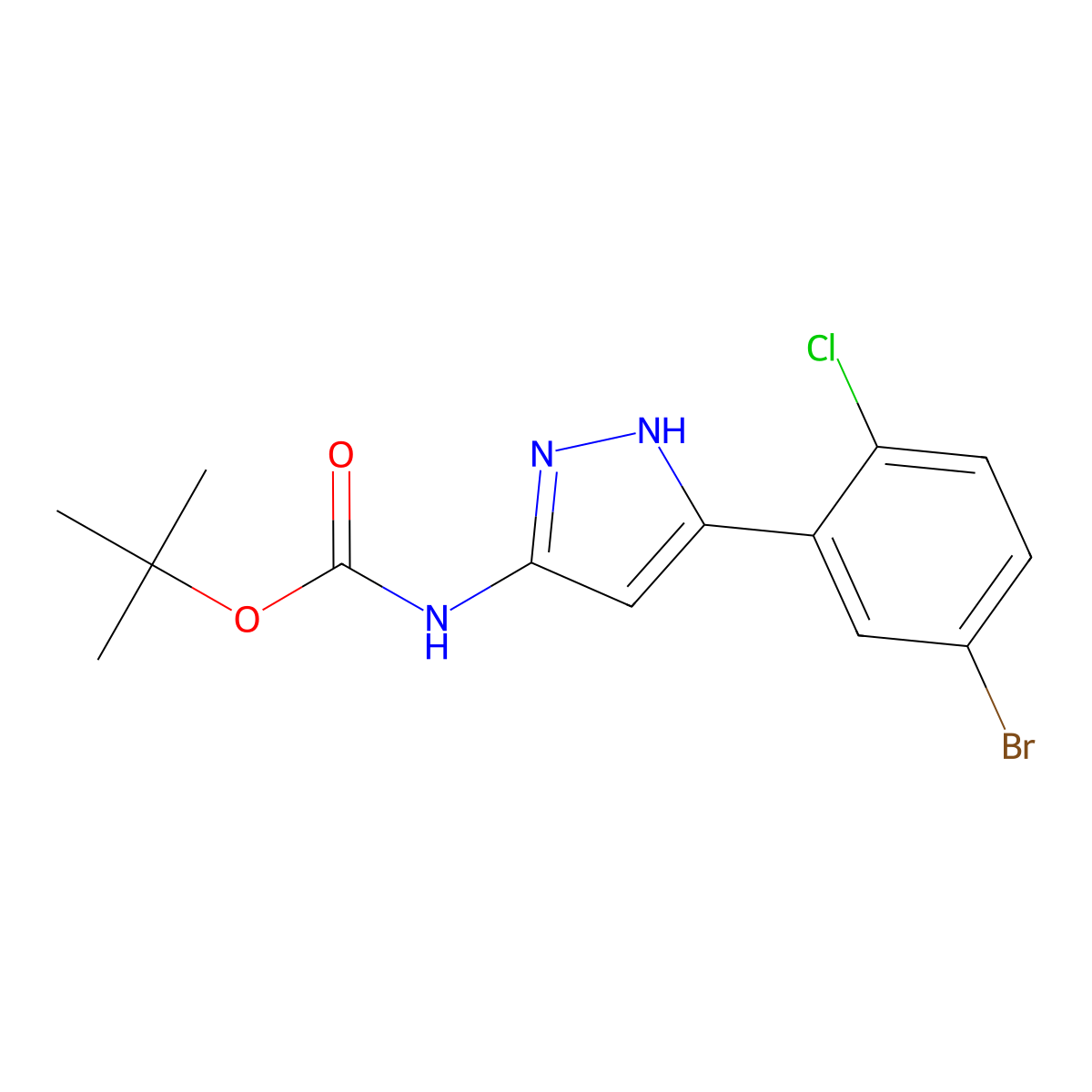 tert-butyl N-[5-(5-bromo-2-chlorophenyl)-1H-pyrazol-3-yl]carbamate molecular structure, CAS 2680612-75-1