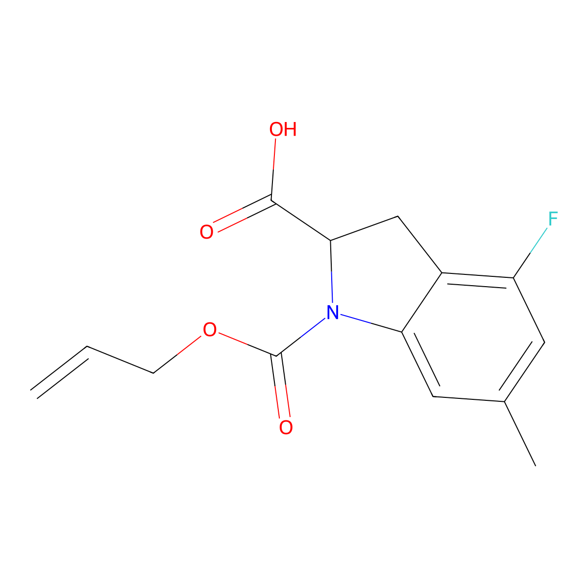 4-fluoro-6-methyl-1-[(prop-2-en-1-yloxy)carbonyl]-2,3-dihydro-1H-indole-2-carboxylic acid molecular structure, CAS 2680614-58-6